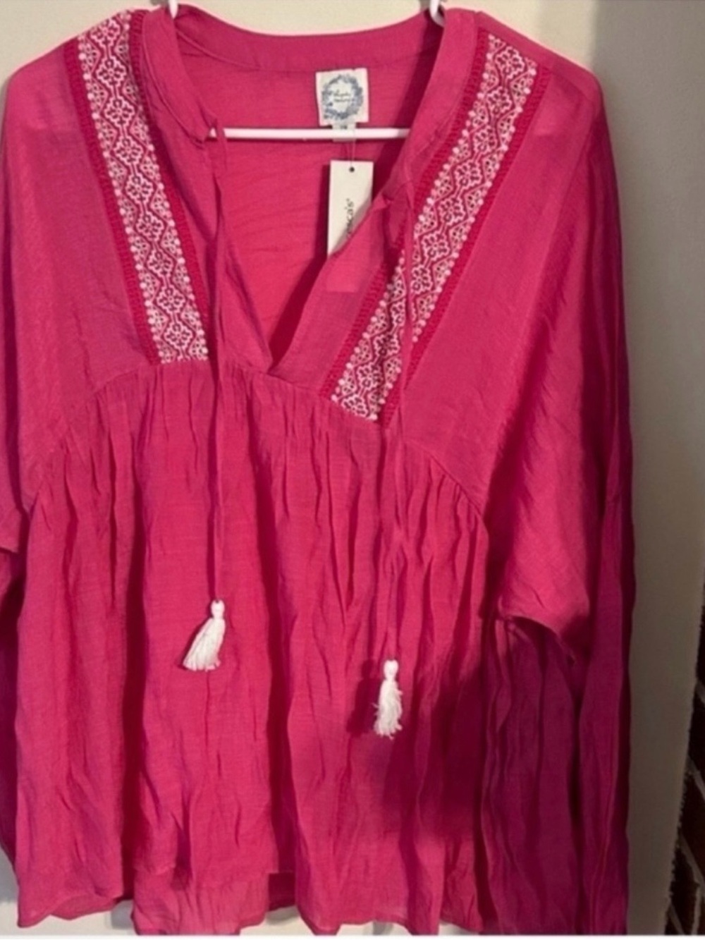 NWT Francesca's Collections Size 2x Hot Pink Embroidered Tassel Tunic Boho